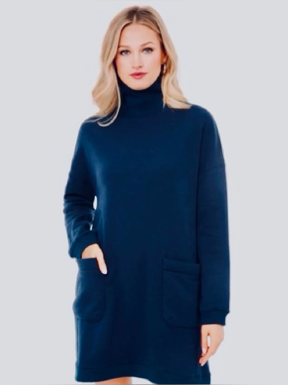Turtleneck Pocket Sweater Dress - Navy-M